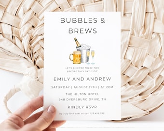 Bubbles And Brews Shower Invitation, Couples Shower Invitation Template, Brews and Bubbly Bridal Shower Invite, Editable Template, Canva