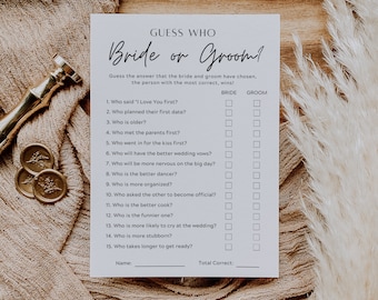Guess Who Bride or Groom Game, Bridal Shower Game, Bride Or Groom Printable Game, Who Knows The Couple Best, Engagement Party Game, Canva