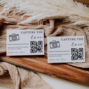 Cartão de casamento com código QR Capture The Love, cartão com foto de casamento minimalista, cartão de casamento com código QR, compartilhe o amor para impressão, cartão editável, Canva