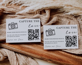 Capture la tarjeta de boda con código QR de amor, tarjeta fotográfica de boda minimalista, tarjeta de boda con código QR, imprimible Compartir el amor, tarjeta editable, Canva