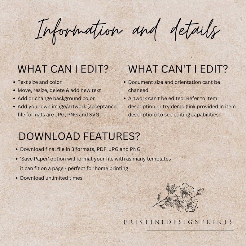 Puede incluir: Una descarga digital imprimible para una invitaci&oacute;n de boda. El texto en la p&aacute;gina dice "Informaci&oacute;n y detalles" y enumera lo que se puede y no se puede editar en la plantilla. El texto tambi&eacute;n describe las caracter&iacute;sticas de descarga, incluida la posibilidad de descargar el archivo en tres formatos: PDF, JPG y PNG.