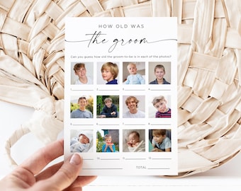 How Old Was The Groom Game, Minimalist Wedding Template, Couples Bridal Shower Game, Age Guessing Game, Photo Activity, Hen Party, Canva