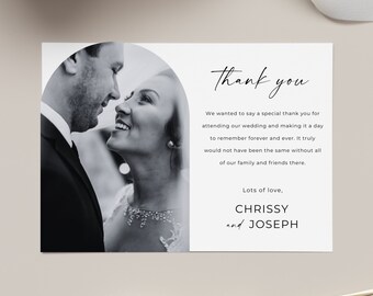 May include: Black and white wedding thank you card with a photo of a couple in a romantic embrace. The text reads "Thank you" and "Lots of love, Chrissy and Joseph".