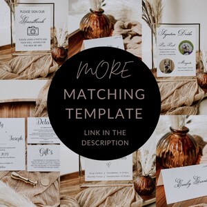 K&ouml;nnte beinhalten: Eine Auswahl an Hochzeits-Papeterie, darunter ein G&auml;stebuchschild, eine Getr&auml;nkekarte und Geschenkkarten. Die Artikel sind auf einem Holztablett mit dekorativen Elementen und dem Text "MORE MATCHING TEMPLATE LINK IN THE DESCRIPTION" angeordnet.