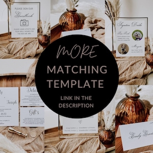 Peut inclure: Une collection de mod&egrave;les de papeterie de mariage sur le th&egrave;me rustique. Les mod&egrave;les comprennent un panneau de livre d'or, un panneau de boissons signature, un panneau de cadeaux et un plan de table. Les mod&egrave;les sont tous blancs avec du texte noir et pr&eacute;sentent un design simple et &eacute;l&eacute;gant.