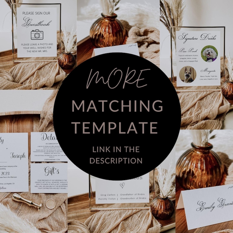 Peut inclure: Une collection de mod&egrave;les de papeterie de mariage sur le th&egrave;me rustique. Les mod&egrave;les comprennent un panneau de livre d'or, un panneau de boissons signature, un panneau de cadeaux et un plan de table. Les mod&egrave;les sont tous blancs avec du texte noir et pr&eacute;sentent un design simple et &eacute;l&eacute;gant.