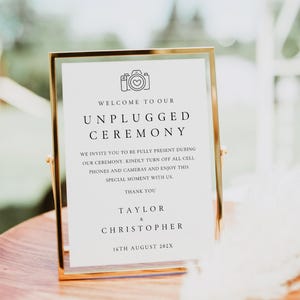 Unplugged ceremoniebord afdrukbaar, Unplugged bruiloftbord, welkomstbord bruiloft, teken huwelijksceremonie, eenvoudig bord, modern, bewerkbaar, Canva