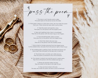 Pass The Poem Bridal Shower Game, Minimalist Bridal Shower Game Pass the Gift Poem, Pass the Prize Game Card, Gift Passing Poem, Canva, Edit