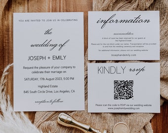 May include: A white wedding invitation with black text announcing the wedding of Joseph and Emily. The invitation includes the date, time, and location of the wedding ceremony. A separate white card with black text provides information about accommodations and RSVP details. A QR code is included for RSVP.