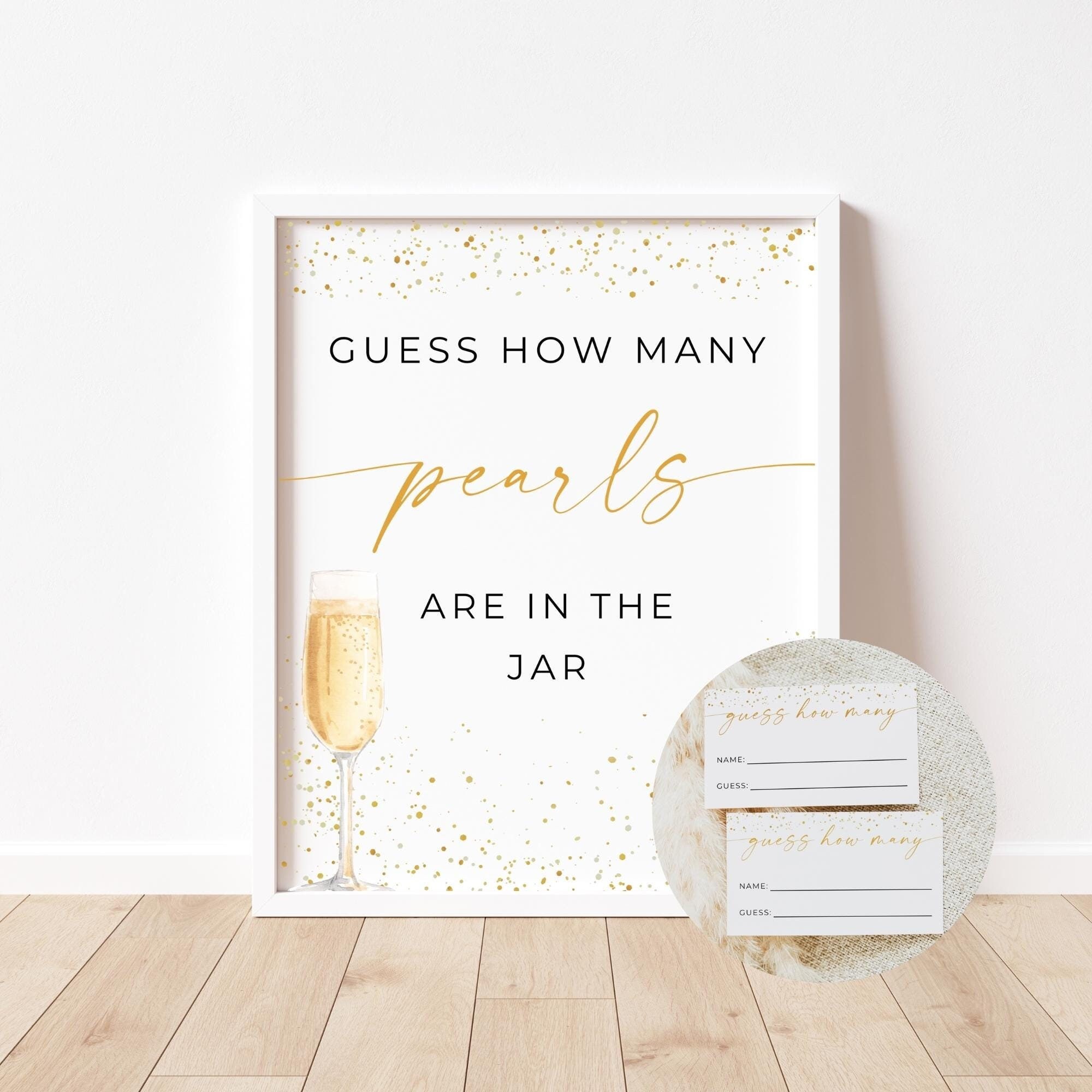 Guess How Many Pearls Bridal Shower Game, Guess How Many Pearls Sign And Cards, Pearls and Prosecco Game, Editable Template, Canva