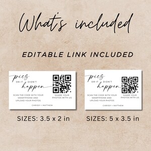 Puede incluir: Dos carteles de cabina de fotos de boda imprimibles con un c&oacute;digo QR. Los carteles son en blanco y negro y dicen "Pics or it didn't happen" con el texto "Escanea el c&oacute;digo con tu tel&eacute;fono inteligente y sube tus fotos" y "Comparte tus fotos con nosotros". Los carteles est&aacute;n disponibles en dos tama&ntilde;os: 3,5 x 2 pulgadas y 5 x 3,5 pulgadas.