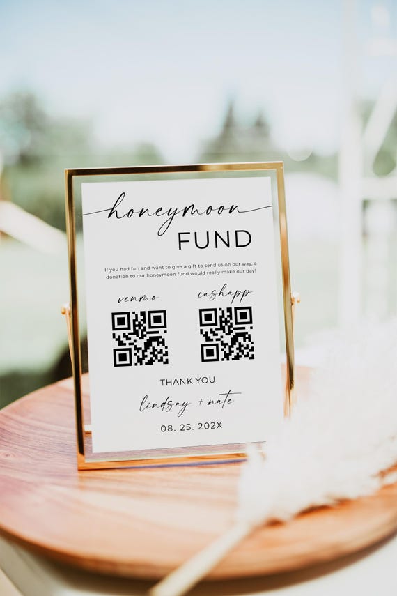 Honeymoon Fund Wedding Sign, Venmo Honeymoon Wish Sign, QR Code Modern Wedding Sign, Wedding Cash Gift, Canva Template, Instant Download