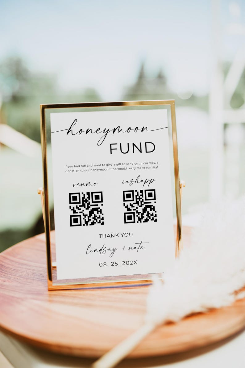 Honeymoon Fund Wedding Sign, Venmo Honeymoon Wish Sign, QR Code Modern Wedding Sign, Wedding Cash Gift, Canva Template, Instant Download image 1