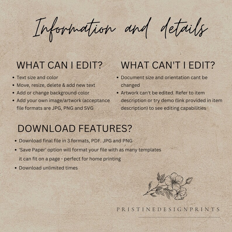 K&ouml;nnte beinhalten: Ein beiger Digitaldruck mit dem Text "Information and details" in handschriftlicher Schrift. Der Text listet auf, was bearbeitet werden kann und was nicht, sowie Download-Funktionen. Der untere Teil des Drucks tr&auml;gt den Text "PRISTINEDESIGNPRINTS".