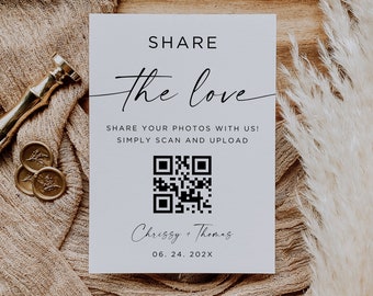 Share The Love QR Code Sign, Wedding Photo Sign Printable, Capture The Love Sign, Scannable Photo Sharing Sign, Editable Template, Canva