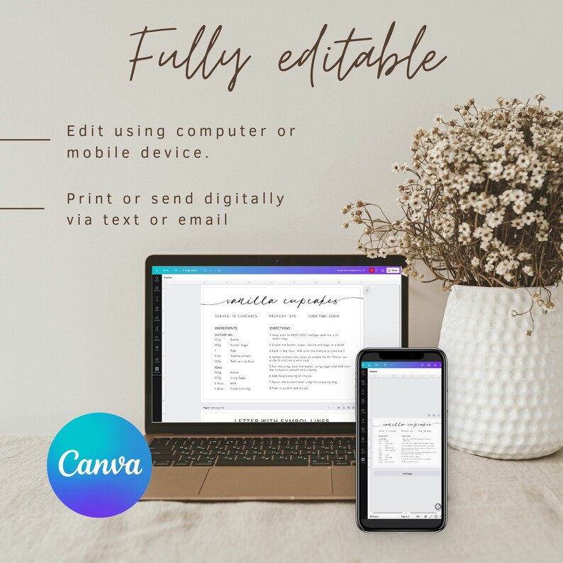 K&ouml;nnte beinhalten: Ein Laptop und ein Smartphone zeigen ein Rezept f&uuml;r Vanille-Cupcakes. Die W&ouml;rter "Vollst&auml;ndig bearbeitbar" und "Canva" sind sichtbar. Der Text lautet "Bearbeiten mit Computer oder Mobilger&auml;t" und "Digital drucken oder senden".