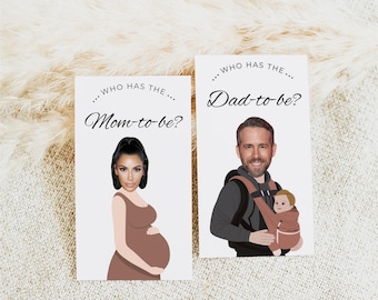 May include: Two white cards with illustrations and text. One card says "...WHO HAS THE... Mom-to-be?" with a drawing of a pregnant woman. The other card says "...WHO HAS THE... Dad-to-be?" with a drawing of a man holding a baby.