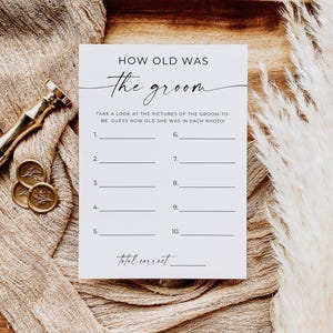 How Old Was The Groom Game, Minimalist Modern Wedding Shower Game, How Old Was the Groom To Be, Guess the Groom&#39;s Age Game, Canva, Editable
