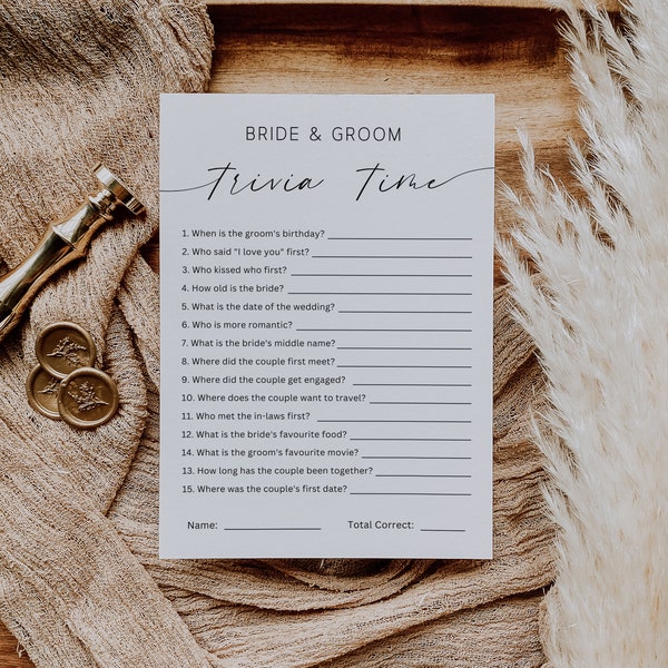 Trivia Game For Bride And Groom, Minimalist Bridal Shower Game, Who Knows The Couple Best Game, Wedding Reception Party Game, Canva Template