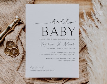 Modern Minimalist Baby Shower Invite, Baby Shower Invitation, Gender Neutral Baby Shower, Hello Baby, Boy Girl Invitation, Editable, Canva