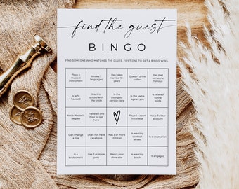 Find The Guest Bingo Template, Modern Bridal Shower Bingo, Get to Know You Game, Minimalist Social Game, Editable Download, Canva Template