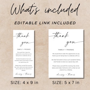 Puede incluir: Dos tarjetas de agradecimiento imprimibles para una boda o un evento especial. Las tarjetas son blancas con texto negro y una fuente de estilo de escritura a mano simple. El texto dice "Gracias" e incluye la frase "Familia + Amigos". Las tarjetas miden 4 x 9 pulgadas y 5 x 7 pulgadas.