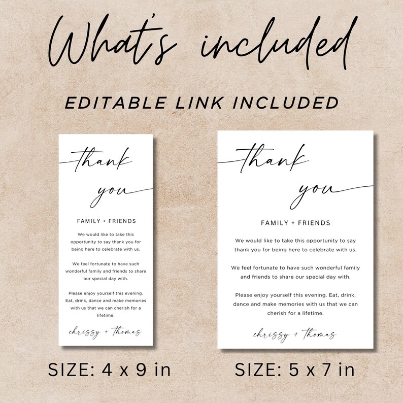 Puede incluir: Dos tarjetas de agradecimiento imprimibles para una boda o un evento especial. Las tarjetas son blancas con texto negro y una fuente de estilo de escritura a mano simple. El texto dice "Gracias" e incluye la frase "Familia + Amigos". Las tarjetas miden 4 x 9 pulgadas y 5 x 7 pulgadas.