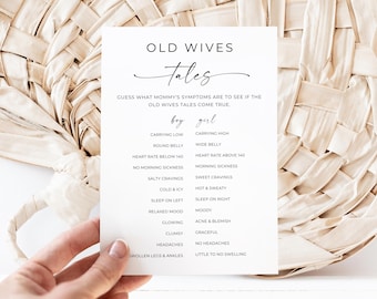 Old Wives Tales-Babypartyspiel, Boho-Babypartyspiel, Geschlecht enthüllen Spiel, Geschlechtsvorhersage, bearbeitbare Vorlage, Sofort-Download, Canva