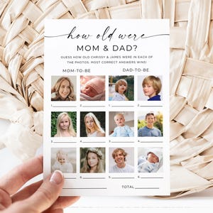 Hoe oud werden papa en mama, babyshowerspel, eenvoudige harten babyshoweractiviteit, raadspel, downloaden, afdrukbaar, bewerken, canva