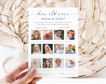 How Old Were The Mom And Dad To Be, Baby Shower Game, Simple Hearts Baby Shower Activity, Guessing Game, Download, Printable, Edit, Canva