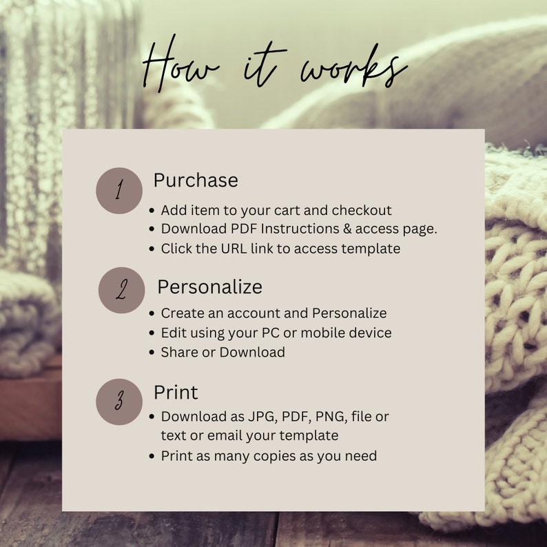 Puede incluir: Un fondo beige con un gr&aacute;fico que muestra c&oacute;mo comprar, personalizar e imprimir una plantilla digital. El gr&aacute;fico tiene tres pasos, cada uno con un n&uacute;mero y un t&iacute;tulo. El primer paso es "Comprar", el segundo paso es "Personalizar" y el tercer paso es "Imprimir".