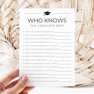 Op de afbeelding: Een witte kaart met de tekst "WHO KNOWS THE GRADUATE BEST" en invulvragen over de afgestudeerde. De kaart wordt door een hand vastgehouden en tegen een geweven achtergrond geplaatst. De kaart bevat een afstudeerpet-afbeelding.