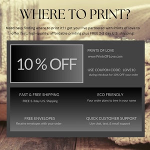 K&ouml;nnte beinhalten: Eine Werbegrafik mit dem Text "WHERE TO PRINT?" und "10% OFF." Sie enth&auml;lt auch Informationen zu Prints of Love, einschlie&szlig;lich ihrer Website und eines Gutscheincodes. Der Hintergrund ist eine weiche, neutrale Farbe.