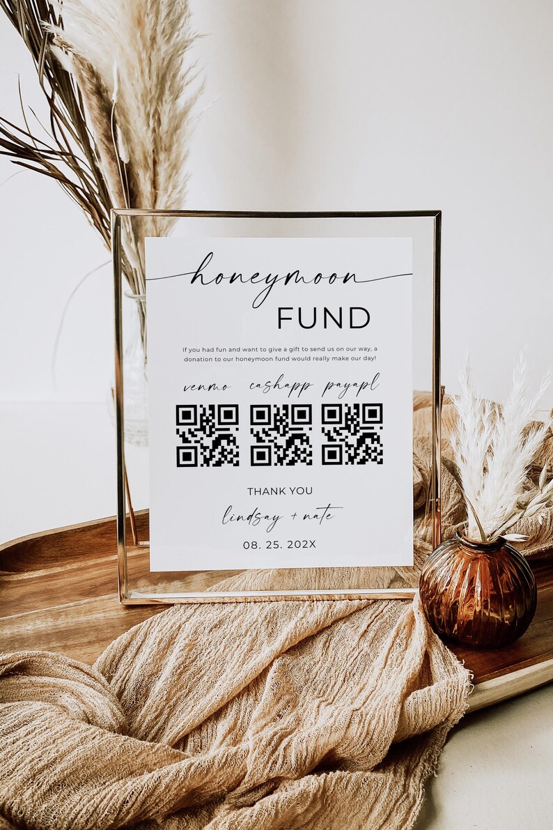 Honeymoon Fund Wedding Sign, Venmo Honeymoon Wish Sign, QR Code Modern Wedding Sign, Wedding Cash Gift, Canva Template, Instant Download image 3