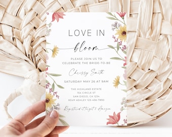 Love Is In Bloom Bridal Shower Invite template, Wildflower Bridal Shower Invites, Colorful Bohemian Invitation, Editable Download, Canva