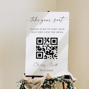 Wedding Seating Chart QR Code Sign, Modern Find Your Seat Sign, Seating Chart Plan, Scannable Table Plan, Editable Template, Download, Canva