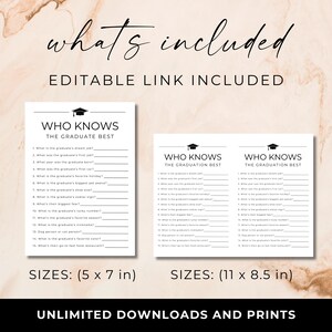 Op de afbeelding: Twee printables voor een afstudeerfeest met de tekst "Who Knows The Graduate Best". De formaten zijn 12,7 x 17,8 cm en 27,9 x 21,6 cm. De tekst "What's Included" en "Editable Link Included" staan bovenaan.