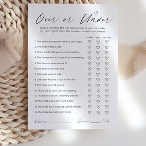 Wedding Shower Games Over Under, Over or Under Bridal Shower Game ...