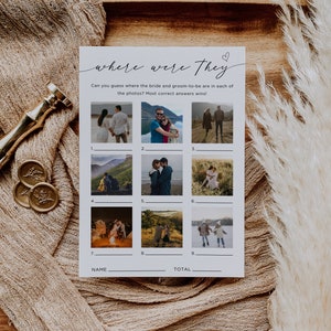 Où étaient-ils jeu pour la mariée, carte de jeu de devinettes photo minimaliste, jeu de douche pour couples, toile, téléchargement modifiable