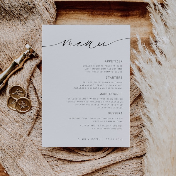 Wedding Menu Template 5x7 & 4x6, Minimalist Modern Wedding Menu, Script Wedding Dinner Menu, Reception Dinner Menu Editable Instant Download