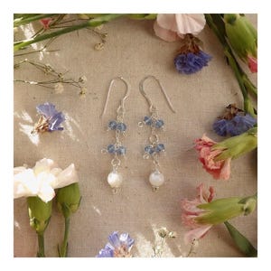handmade sapphire earrings, mother of pearl, recycled 925 silver, dangle pearl earrings, crystal earrings, sterling silver stud earrings