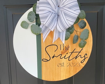 Decorative Wooden Door Hanger | Last Name Est. | Front Door Hanger | Wooden Sign | Door Wreath | Newlywed Gift