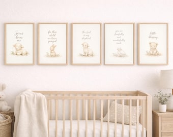 Christian Nursery Prints Set | Watercolor Animals, Bible Verses (Digital Download)