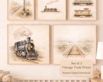 Vintage Train Nursery Wall Art Set of 5 (Digital Download)