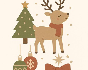 Woodland Winter Nursery Art Prints | Beige Deer, Evergreen (Instant Download)