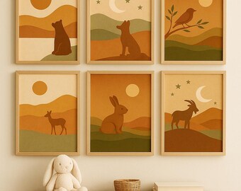 Juego de 6 impresiones de pared con animales del bosque para habitación de bebé, con estampados bohemios neutros, osos, zorros, ciervos, conejos, cabras y pájaros, decoración de habitación de bebé de género neutro.