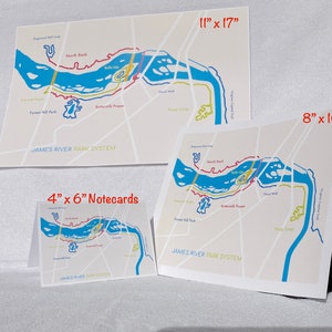 May include: A set of four different sized prints of a map of the James River Park System. The prints are in white, blue, yellow, and red. The largest print is 11 inches by 17 inches, the medium print is 8 inches by 10 inches, and the smallest print is 4 inches by 6 inches. The prints are all on white paper and have a white border.