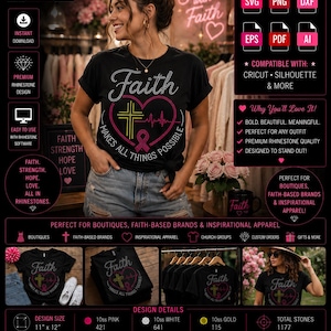 Może przedstawiać: Czarny t-shirt z wzorem z cyrkonii przedstawiającym słowo Faith, żółty krzyż, różową wstążkę i linię tętna. Tekst brzmi Faith Makes All Things Possible. Wzór ma wymiary 28 cm na 30 cm i składa się z 1177 kamieni.