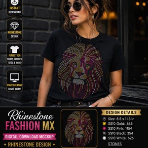 Puede incluir: Camiseta negra con un diseño de león de pedrería en oro, rosa y blanco. La imagen incluye el texto "Rhinestone Fashion MX" y "Digital Download Mockup". El diseño mide 21,6 x 28,7 cm.