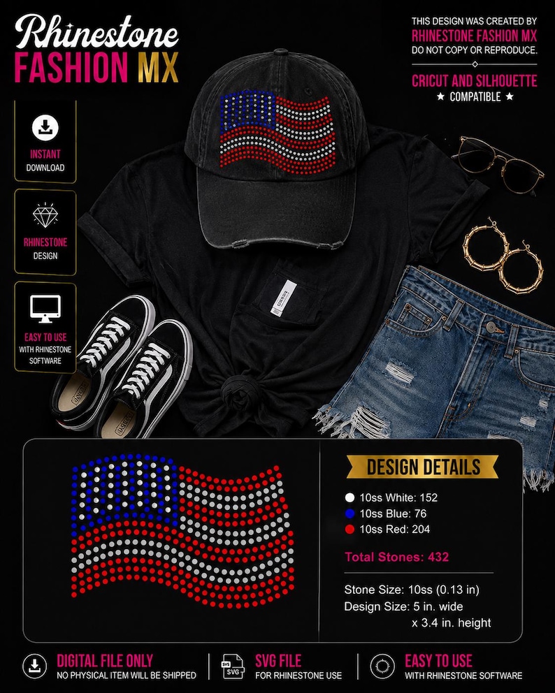 American Flag Rhinestone SVG, USA Mini Design, Pocket Size Bling ...